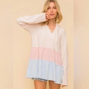 Hem & Thread Colorblock Ruffle Hoodie Pullover, size Small, NWT
